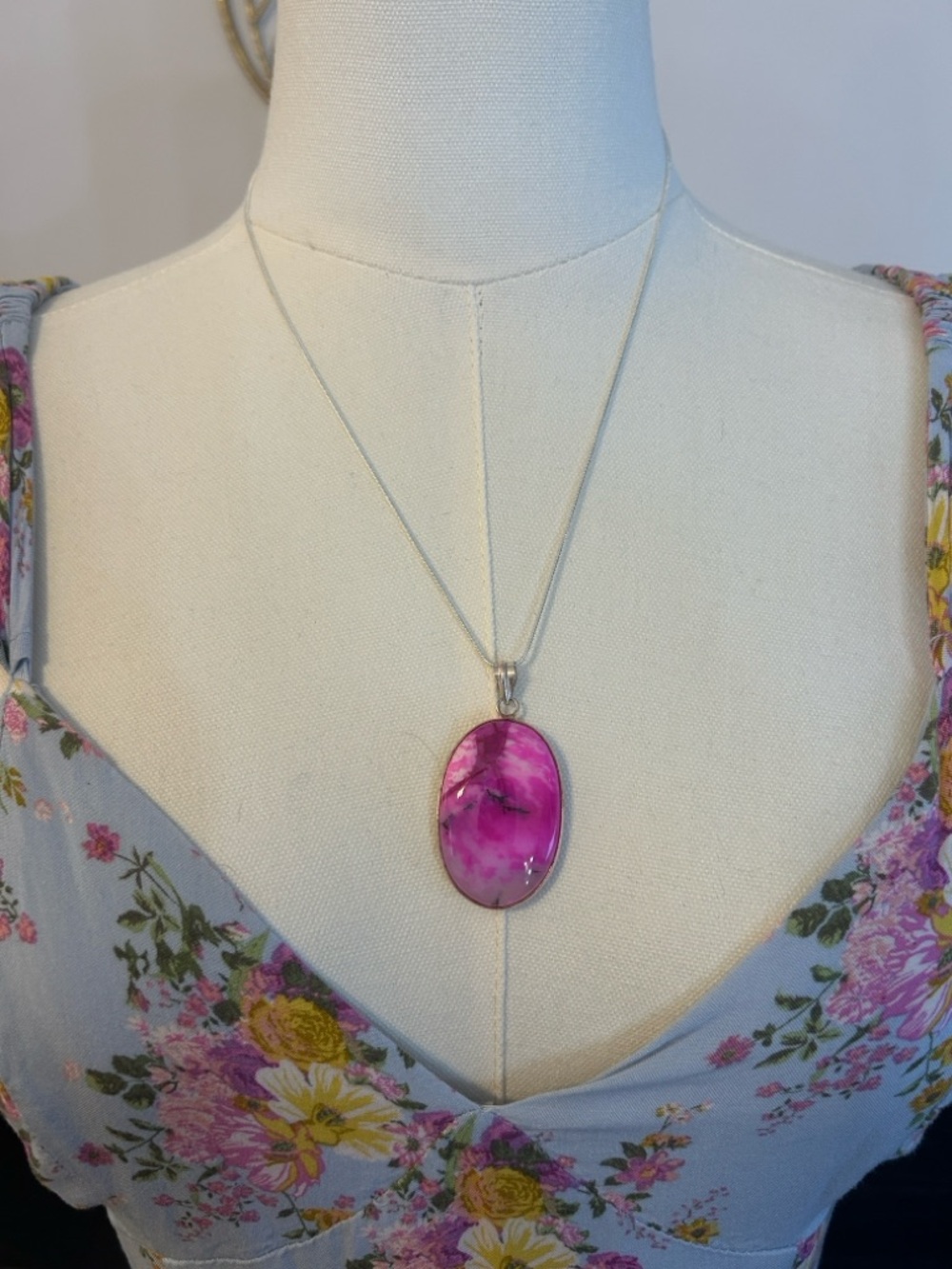 Pink Oval Marbled Stone Pendant Necklace Silver
